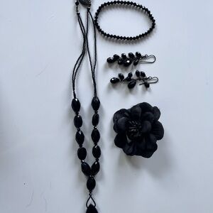 Vintage 90s black jewelry set: necklace, earrings, crystal bracelet, flower clip